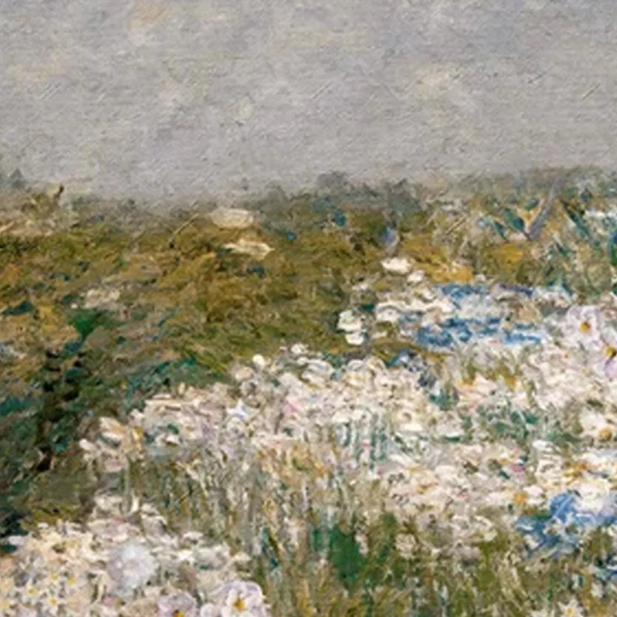 Impressionist triptych painting of dense wildflower field with white and purple blossoms under a muted gray sky.