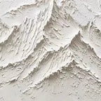 Close-up of WHITE MOUNTAIN impasto painting by Liam O'Connell, showcasing textured white peaks and Wabi Sabi aesthetic.
