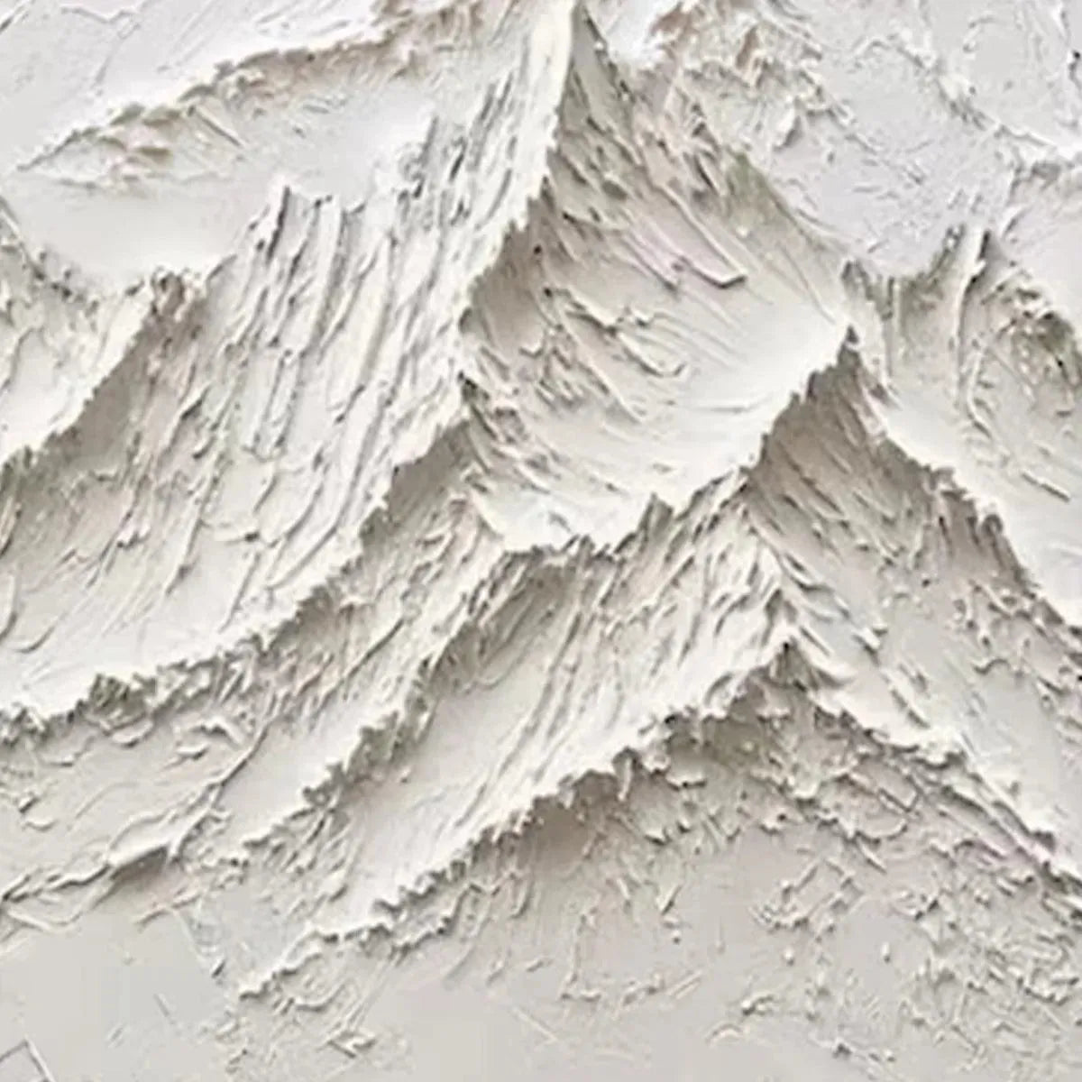 Close-up of WHITE MOUNTAIN impasto painting by Liam O'Connell, showcasing textured white peaks and Wabi Sabi aesthetic.