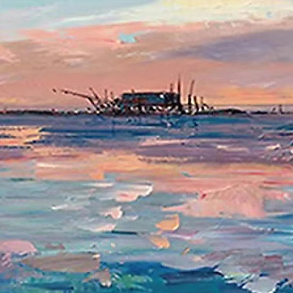 Dusk Reflections painting detail: textured brushwork, pastel sunset colors on water, shipwreck silhouette.
