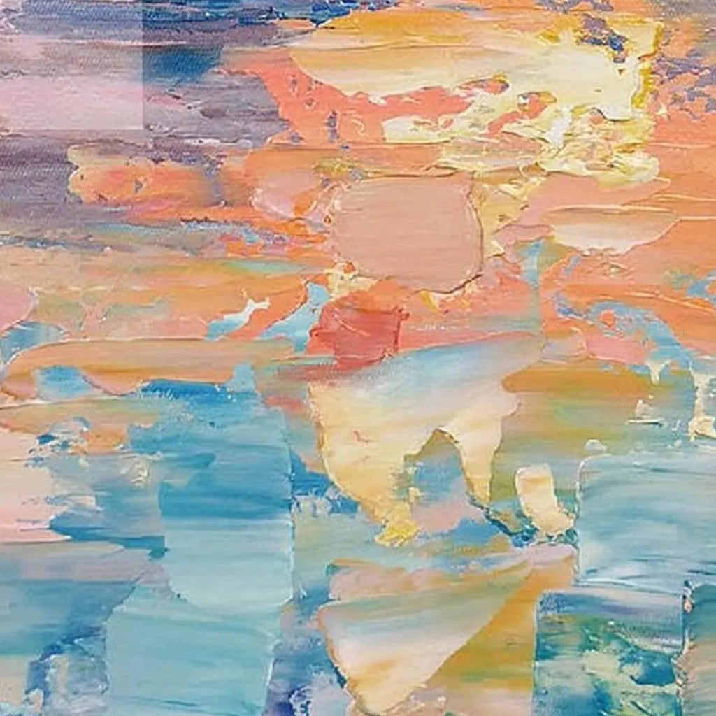 Impasto texture detail of Dusk Reflections sunset painting: peach, orange, and blue brushstrokes on tranquil water.