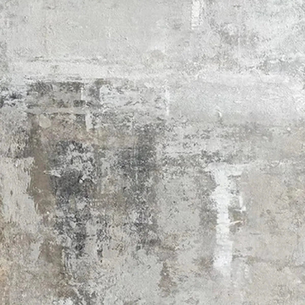 Javier Ramirez Grey Abstract Textured Painting, vertical wall art with layered grey tones, minimalist decor.
