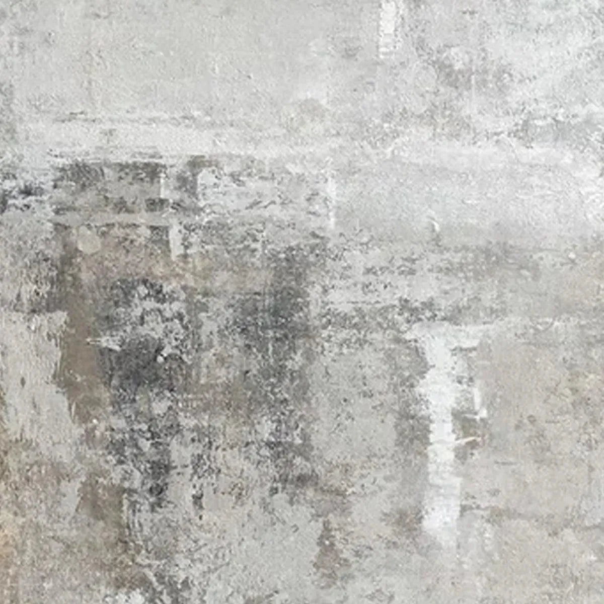 Javier Ramirez Grey Abstract Textured Painting, vertical wall art with layered grey tones, minimalist decor.