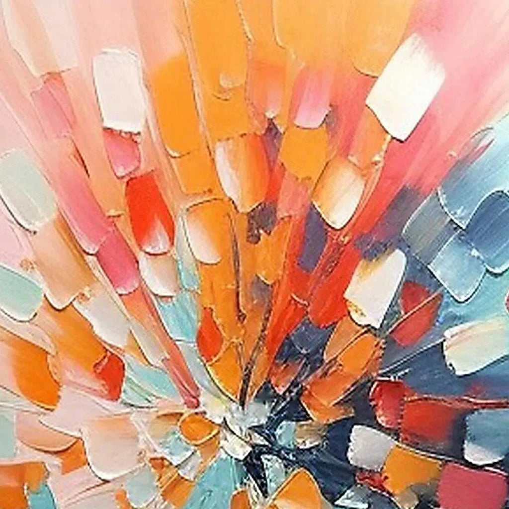 Close-up of 'Radiant Burst' abstract impasto painting, showcasing vibrant, raised texture and brushstrokes.