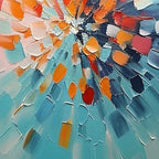 Textured impasto abstract art detail: vibrant orange, red, blue strokes creating a dynamic burst on a teal canvas.