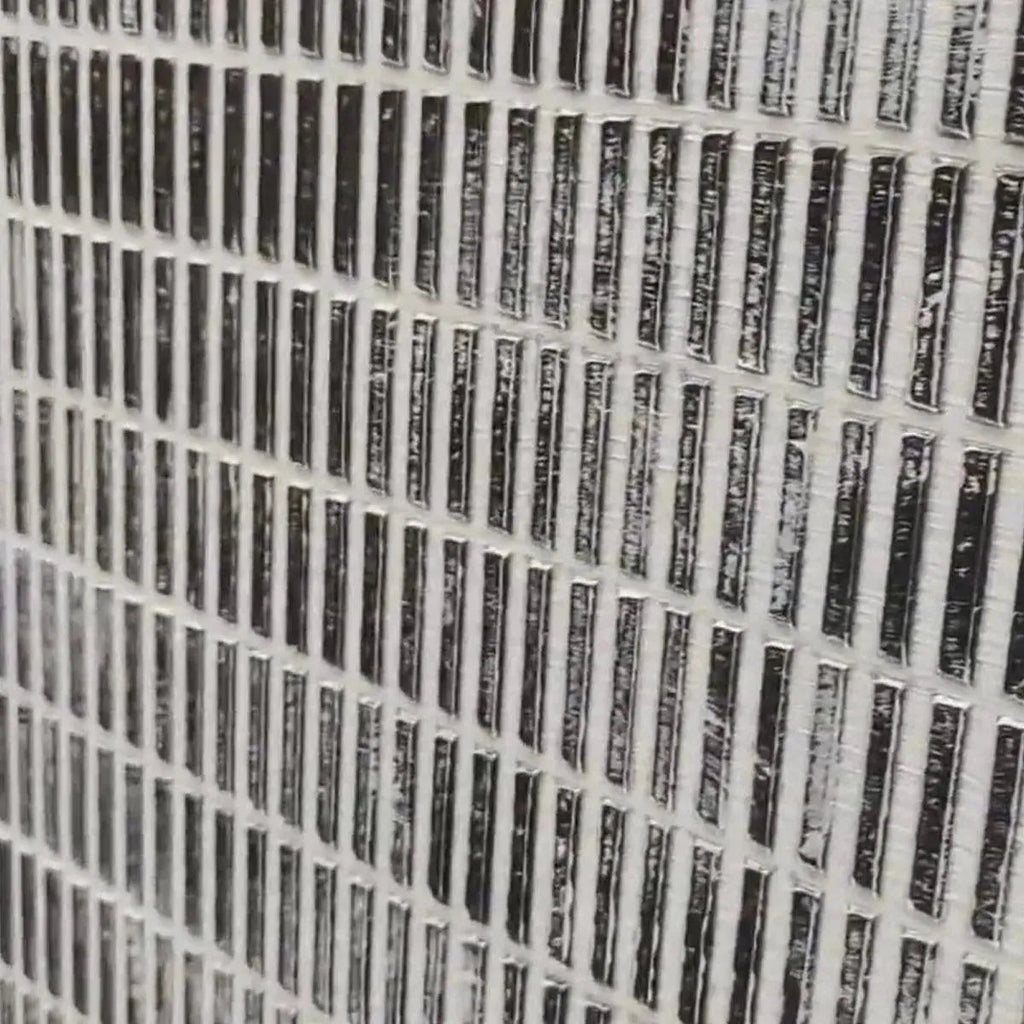Minimalist textured grey and white painting with woven grid pattern close-up.