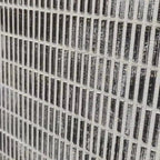 Minimalist textured grey and white painting with woven grid pattern close-up.