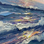 Detailed impasto texture of 'Golden Sunset Serenade' ocean waves: white foam crests, deep blues, and sunset tones.