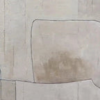 Close-up of Javier Ramirez's abstract painting, showing beige and black geometric shapes with textured brushstrokes.