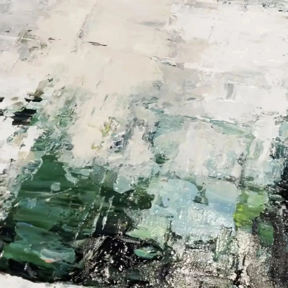 Isabella Rossi Textured Green Abstract painting with impasto technique, green, white, and gold tones for modern wall decor.