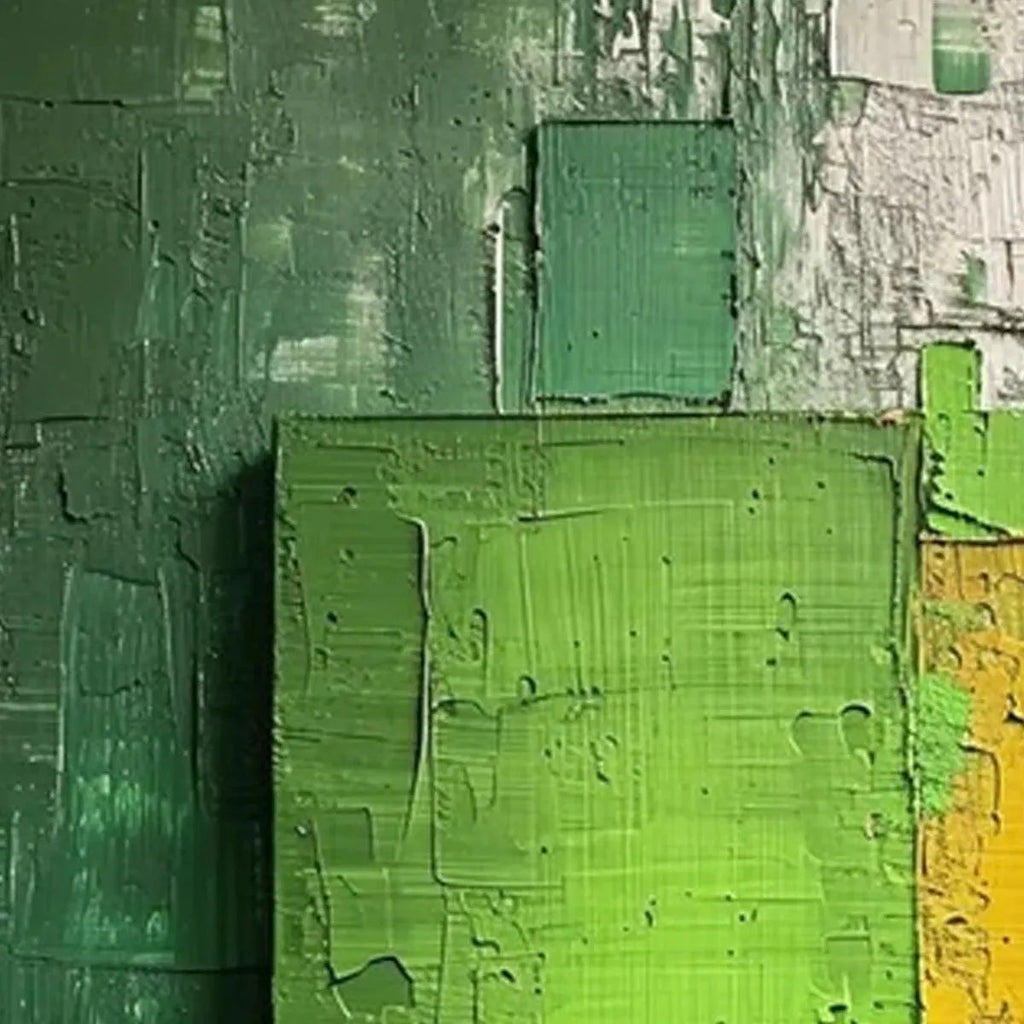 Isabella Rossi's Green & Yellow Textured Blocks, vertical impasto abstract painting, modern wall art.