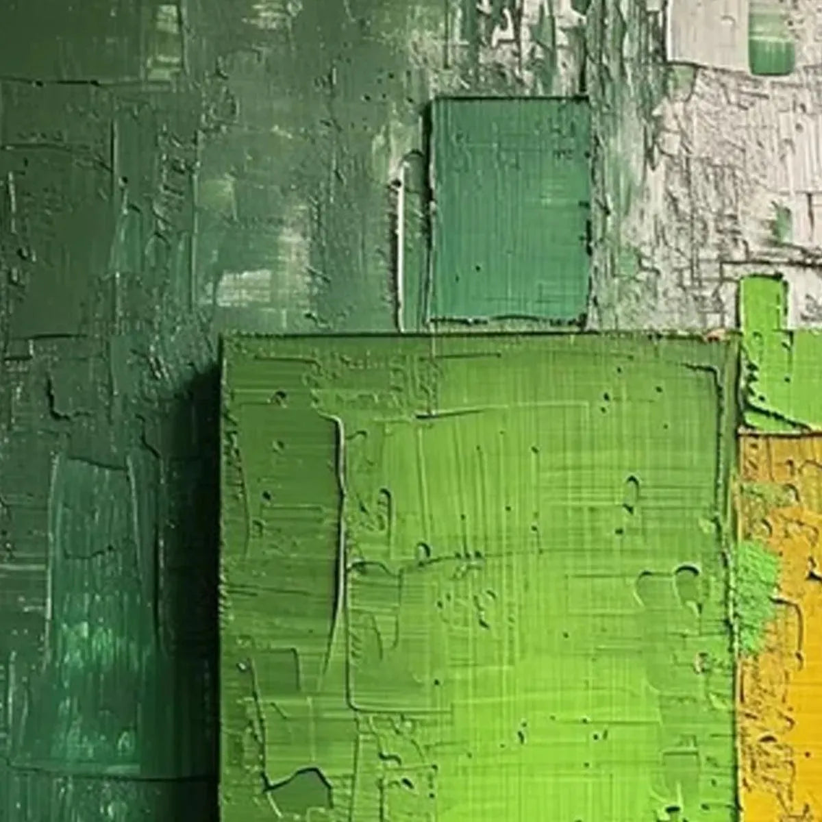 Isabella Rossi's Green & Yellow Textured Blocks, vertical impasto abstract painting, modern wall art.