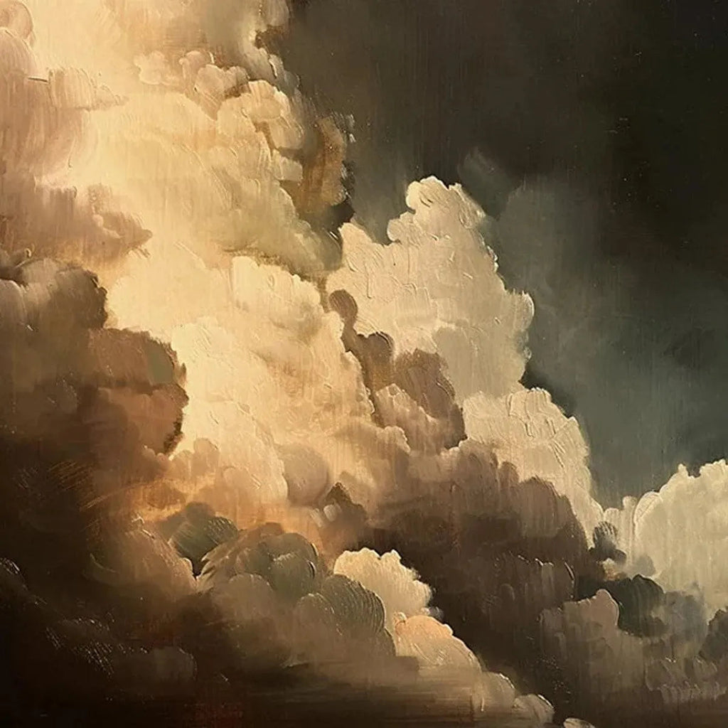 Liam O'Connell's Evening Clouds painting: vertical cloudscape with warm tones and textured brushstrokes for wall art.