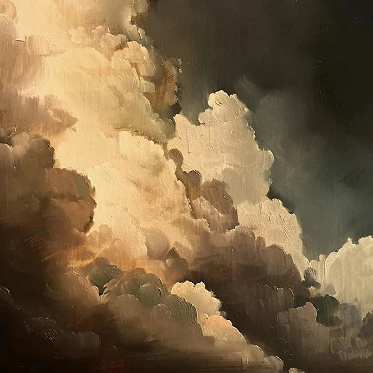 Liam O'Connell's Evening Clouds painting: vertical cloudscape with warm tones and textured brushstrokes for wall art.
