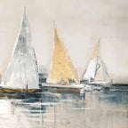 Golden Sailboats painting by Isabella Rossi, featuring gold and silver sailboats on a textured seascape, coastal wall art.