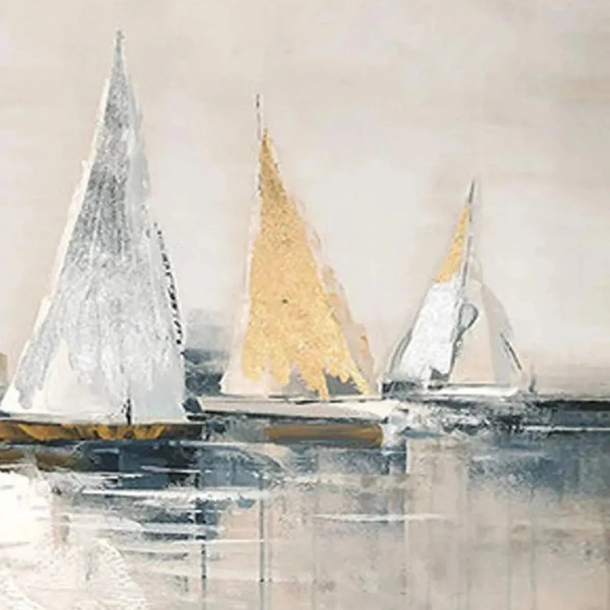 Golden Sailboats painting by Isabella Rossi, featuring gold and silver sailboats on a textured seascape, coastal wall art.