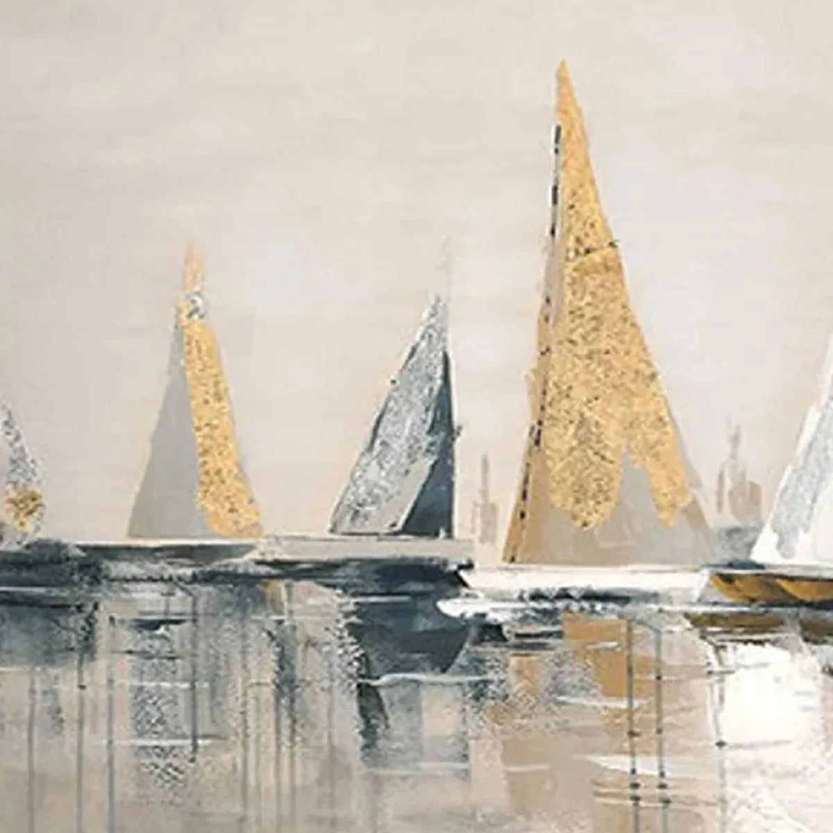 Isabella Rossi Golden Sailboats painting featuring gold and silver sailboats on a textured seascape, coastal wall art.