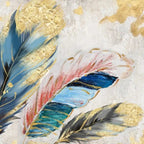Golden and blue feather painting with gold leaf accents, horizontal wall art. Vibrant blues, teals, pinks, grays, and yellow.