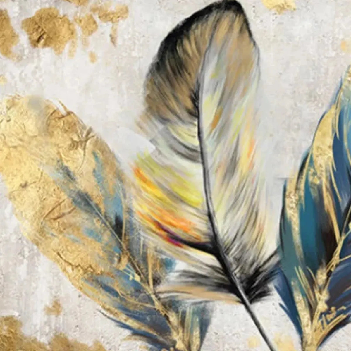 Three textured feathers with gold leaf: golden yellow, teal blue, gray. Close-up, visible brushstrokes.