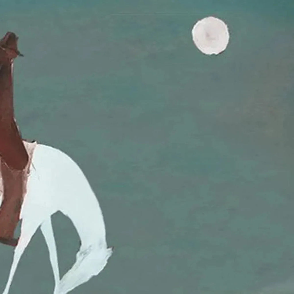 SOLITARY RIDER by Liam O'Connell: Minimalist painting of white horse, rider, and full moon; panoramic wall art.