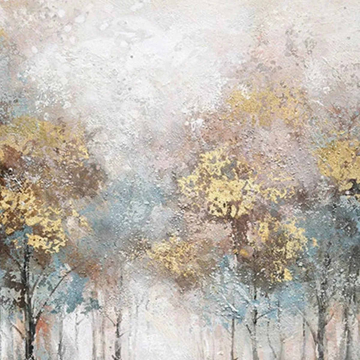 Golden Forest Path painting by Liam O'Connell. Textured forest landscape in gold, blue, and grey tones for vertical wall art.
