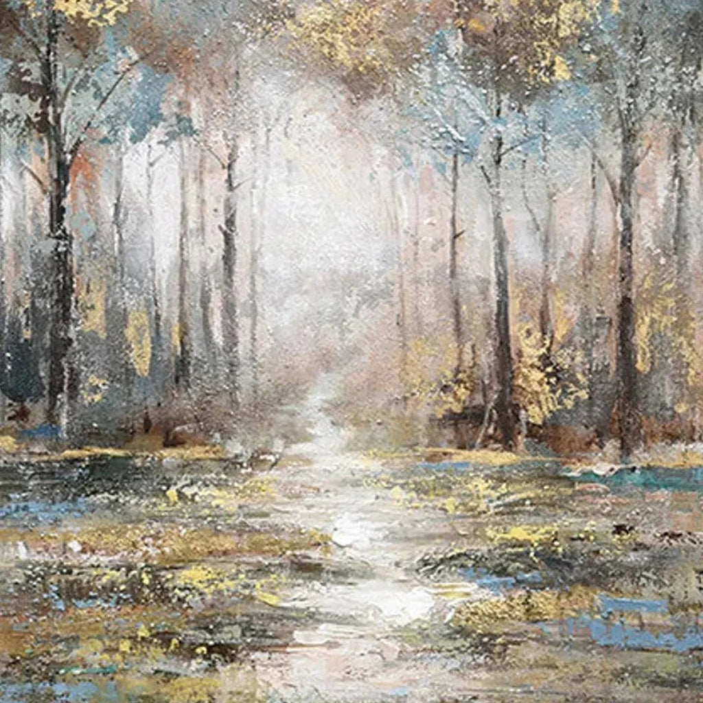 Golden Forest Path painting, textured forest art by Liam O'Connell in gold, blue and grey tones.