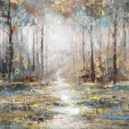 Golden Forest Path painting, textured forest art by Liam O'Connell in gold, blue and grey tones.