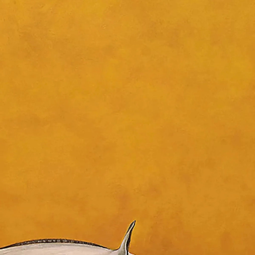 Minimalist white horse detail by Javier Ramirez. Vertical wall art with yellow background. Modern art for home decor.