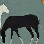 Minimalist 'Three Horses Under the Moon' art by Javier Ramirez. Black and white horse painting on green, modern wall decor.