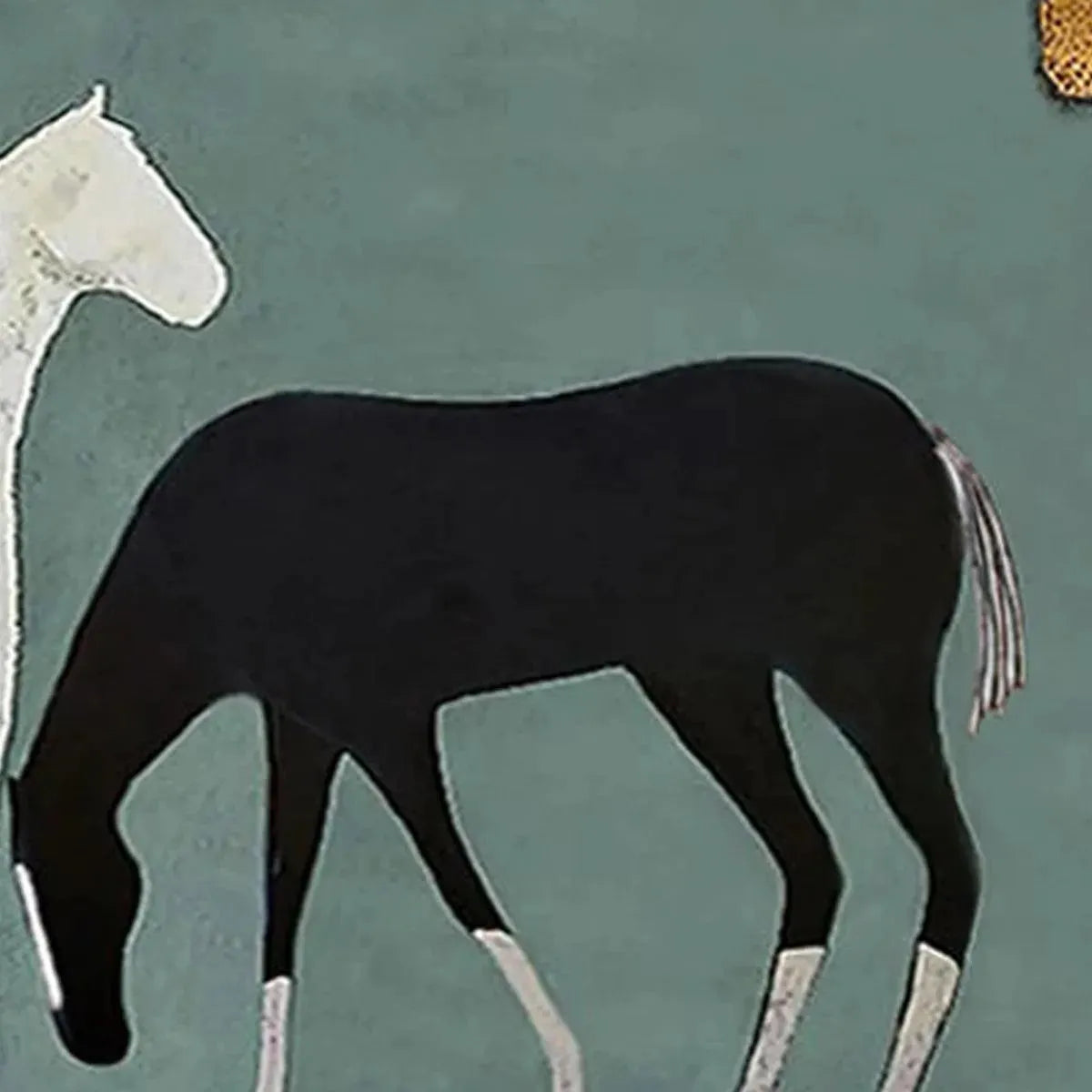 Minimalist 'Three Horses Under the Moon' art by Javier Ramirez. Black and white horse painting on green, modern wall decor.