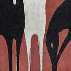 Minimalist vertical painting: white horse and two black horses on textured red background. Abstract wall art.