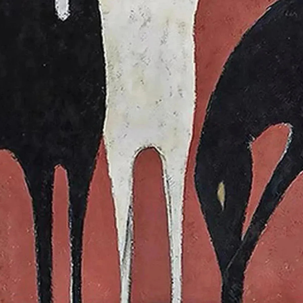 Minimalist vertical painting: white horse and two black horses on textured red background. Abstract wall art.