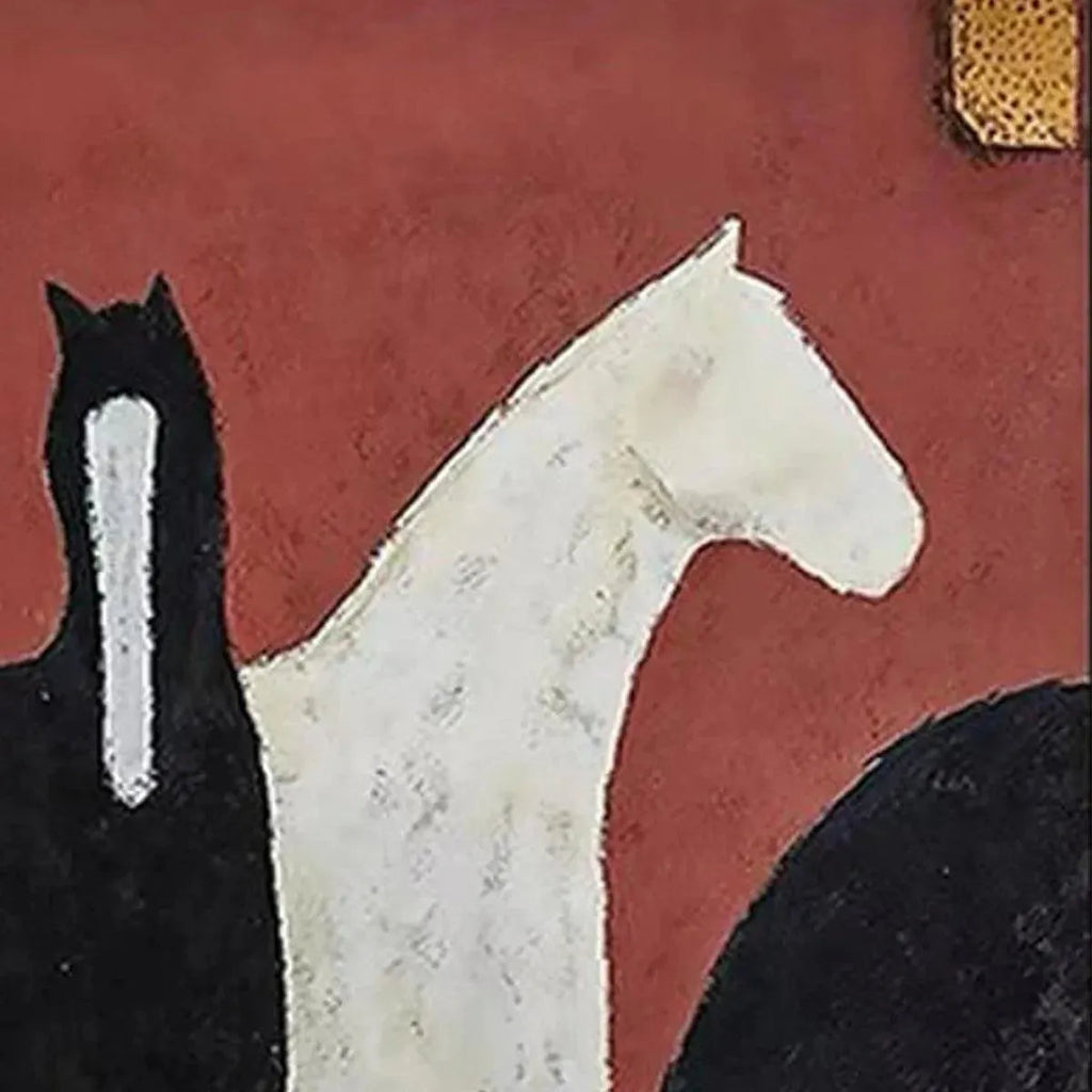 Minimalist oil painting of three stylized horses - white and black - on deep red textured background with gold accent.