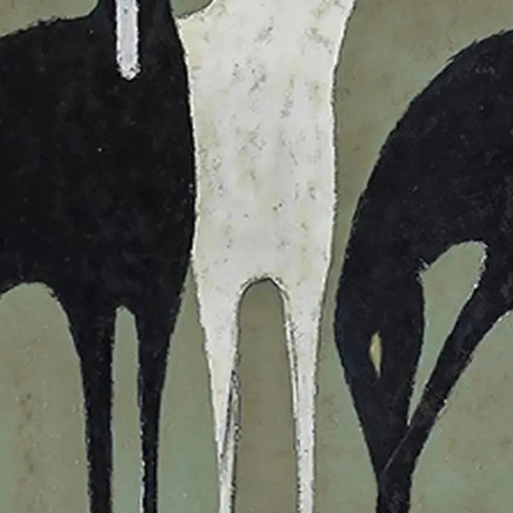 Minimalist painting of three horses, one white and two black, on a sage green background, vertical wall art.