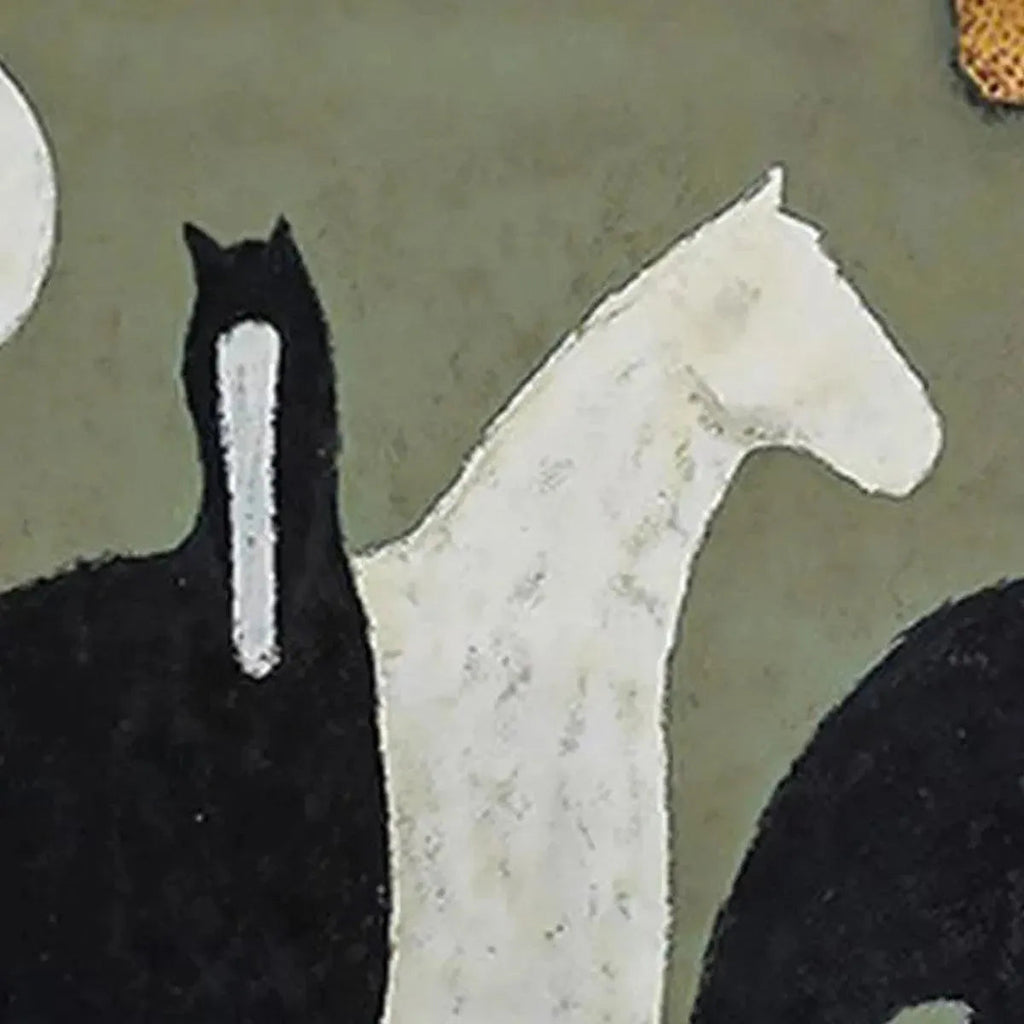 Minimalist painting of three horses, one white and two black, on a sage green background. Vertical wall art for home decor.