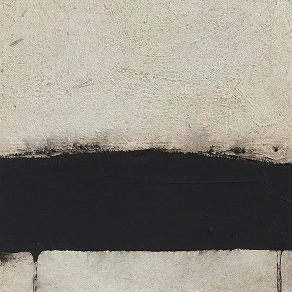 Black and white minimalist landscape painting by Javier Ramirez. Textured abstract art for modern living spaces.