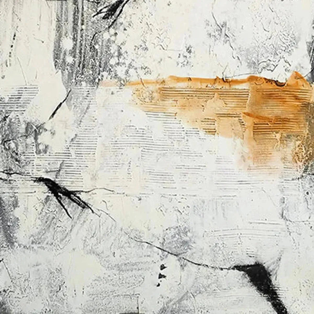 Textured abstract painting in brown, white, and black by Javier Ramirez. Modern wall art for home decor, vertical artwork.