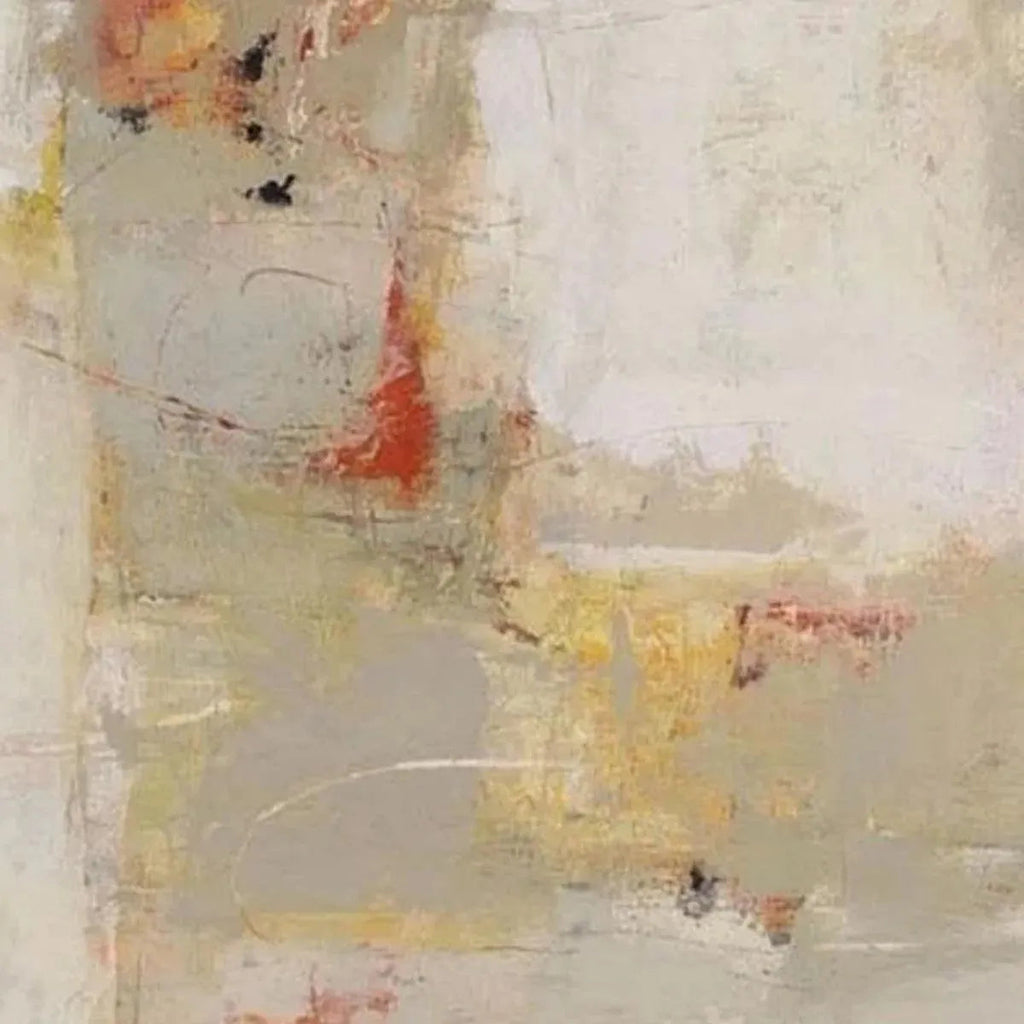 Minimalist abstract painting by Javier Ramirez in neutral tones with textured brushstrokes, vertical wall art.