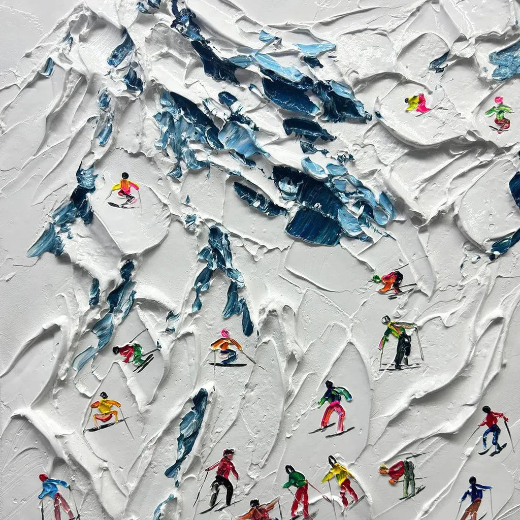 Alpine Ski Day painting by Chak Yu Lam. Textured ski scene with colorful skiers on a snowy mountain slope, vertical wall art.