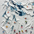 Alpine Ski Day painting by Chak Yu Lam. Textured ski scene with colorful skiers on a snowy mountain slope, vertical wall art.