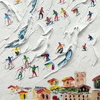 ALPINE SKI DAY art by Chak Yu Lam: Textured ski scene with colorful skiers on snowy mountain slope, vertical wall art