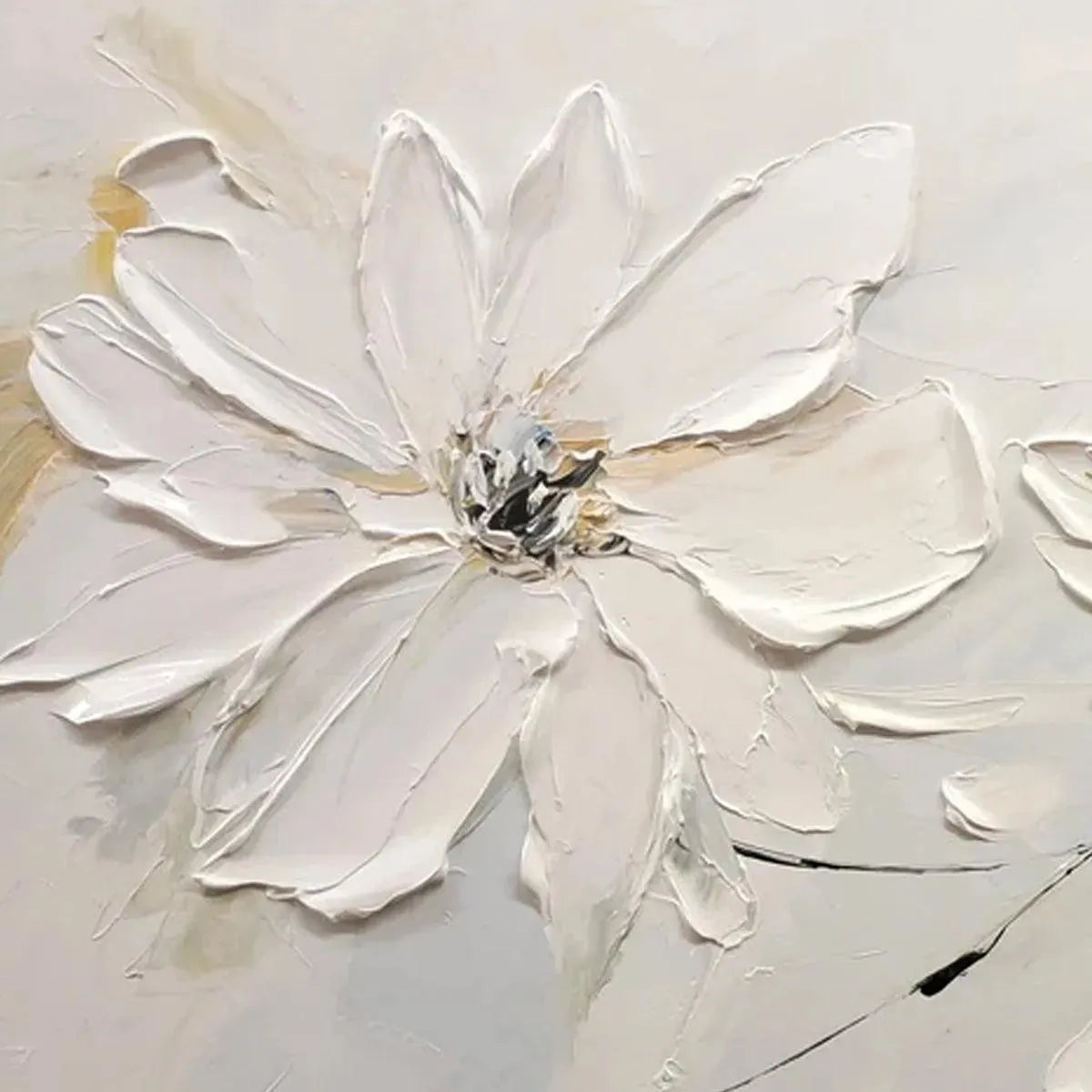 White Blossom Serenity by Elodie Dubois, close-up of textured white floral art, modern wall decor, bedroom aesthetic.