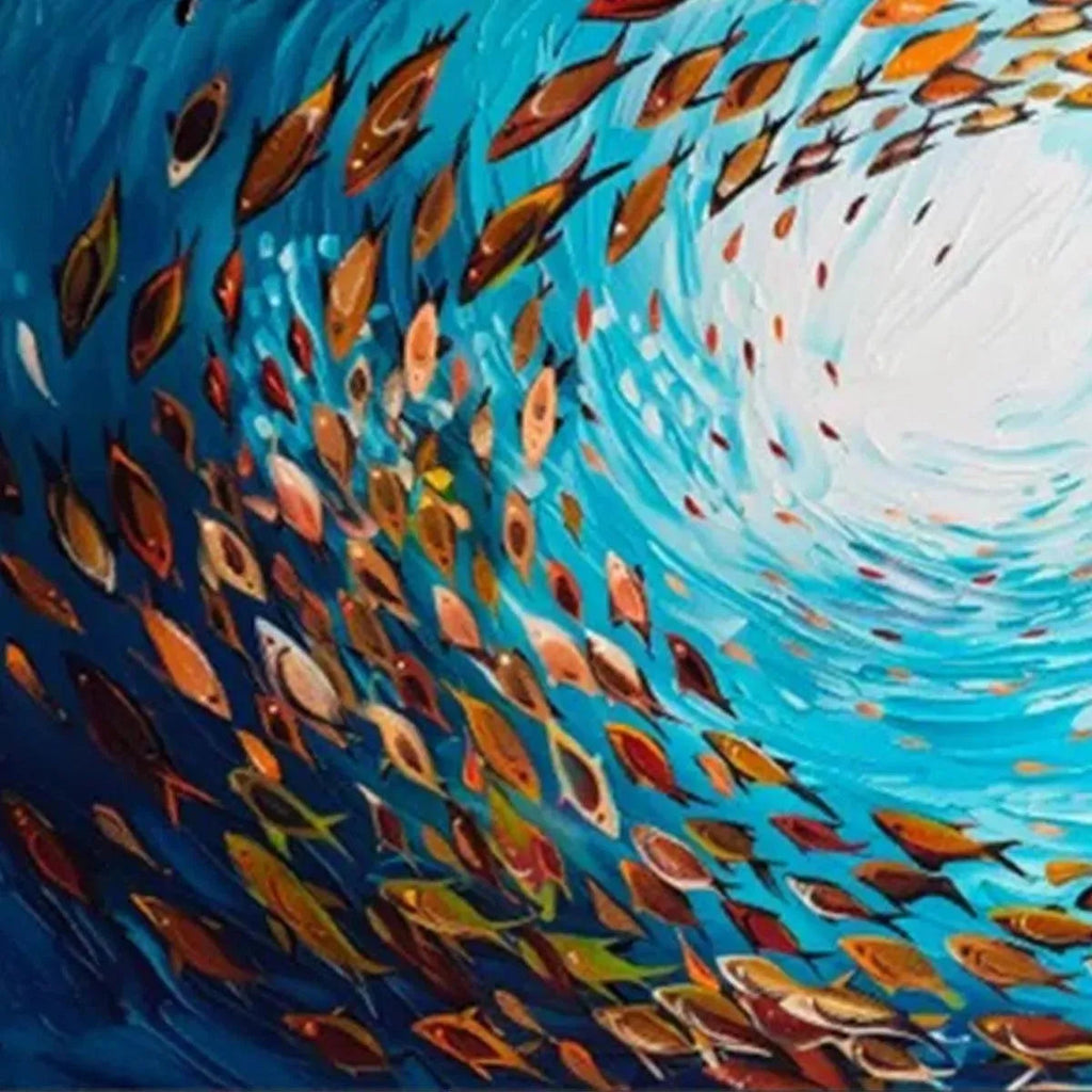 OCEANIC WHIRL painting by Chak Yu Lam: Swirling school of fish in blues and oranges, horizontal wall art for home decor.