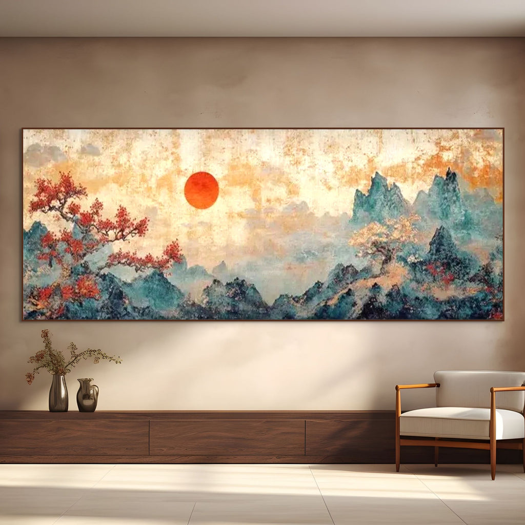 ZEN MOUNTAIN SUNSET : Landscape Painting Panoramic Wall Art Asian Decor